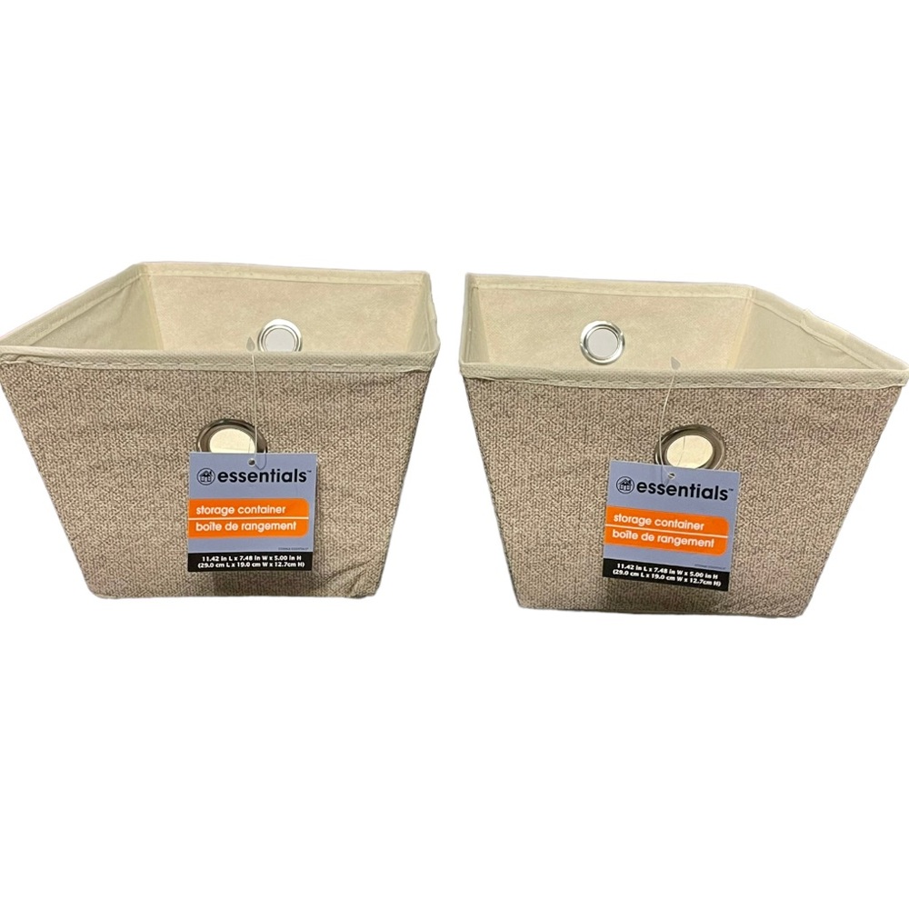 Essentials Tan Fabric 2 Pack Storage Baskets with Grommets NWT